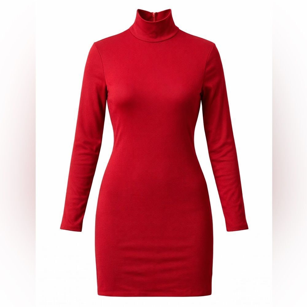 Red Ribbed Bodycon Mini Dress Long Sleeve Turtleneck Size L